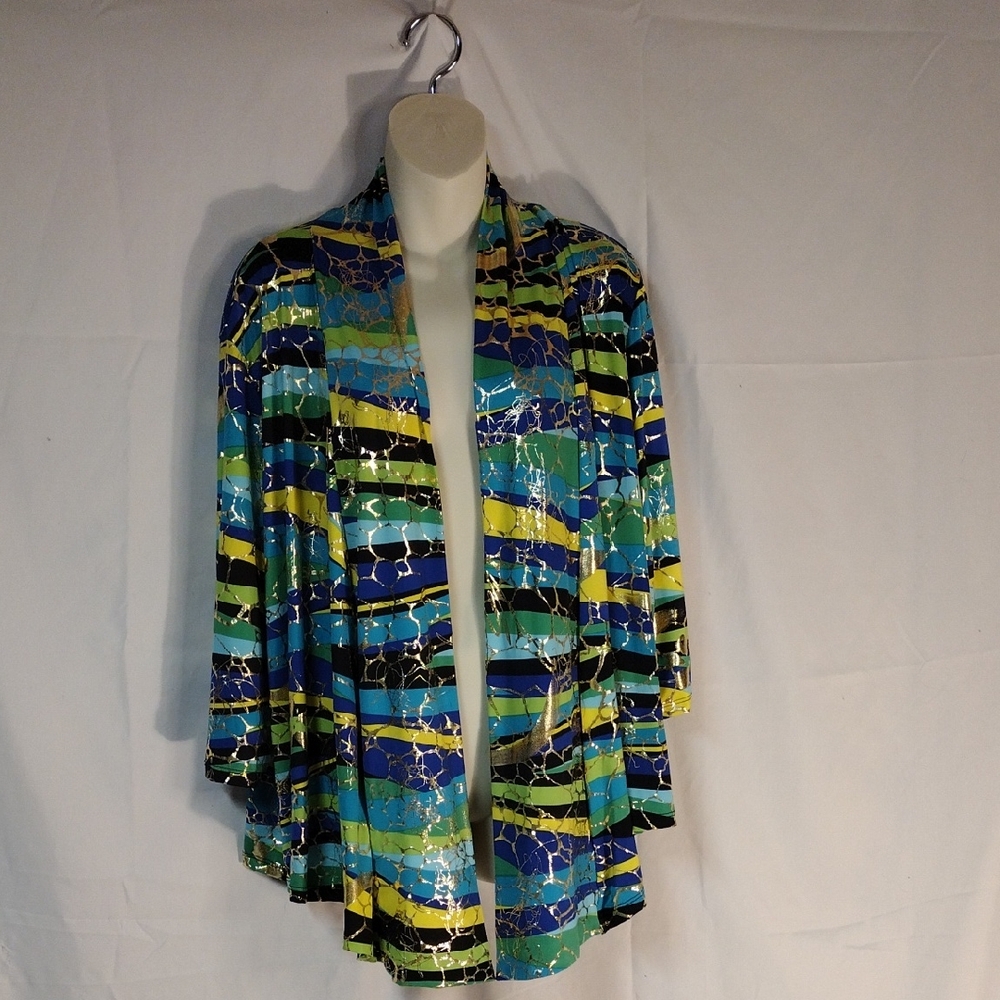 Vintage Odeon By Kris Blue Green Gold Flowy Top Blouse Cardigan Size XL